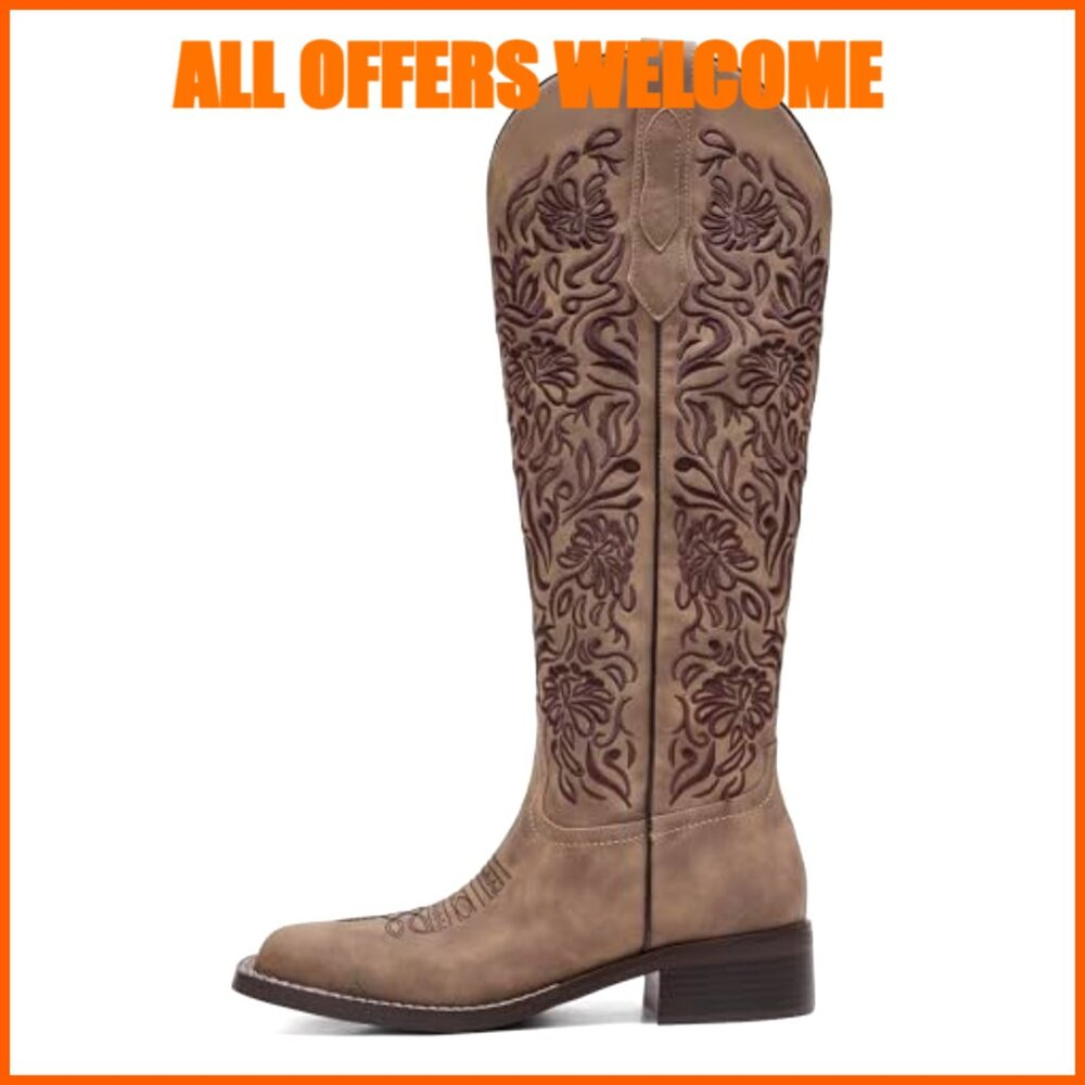 Embroidered Cowboy Boots Knee High Low Block Heel Pull On Western Square Toe - Picture 4 of 7